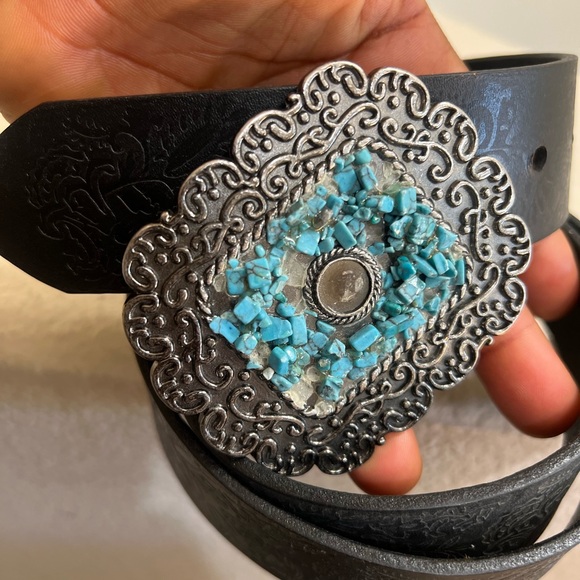 Made In India black Tooled Leather stones‎ on Buckle Western Boho Belt Unisex L main image 8